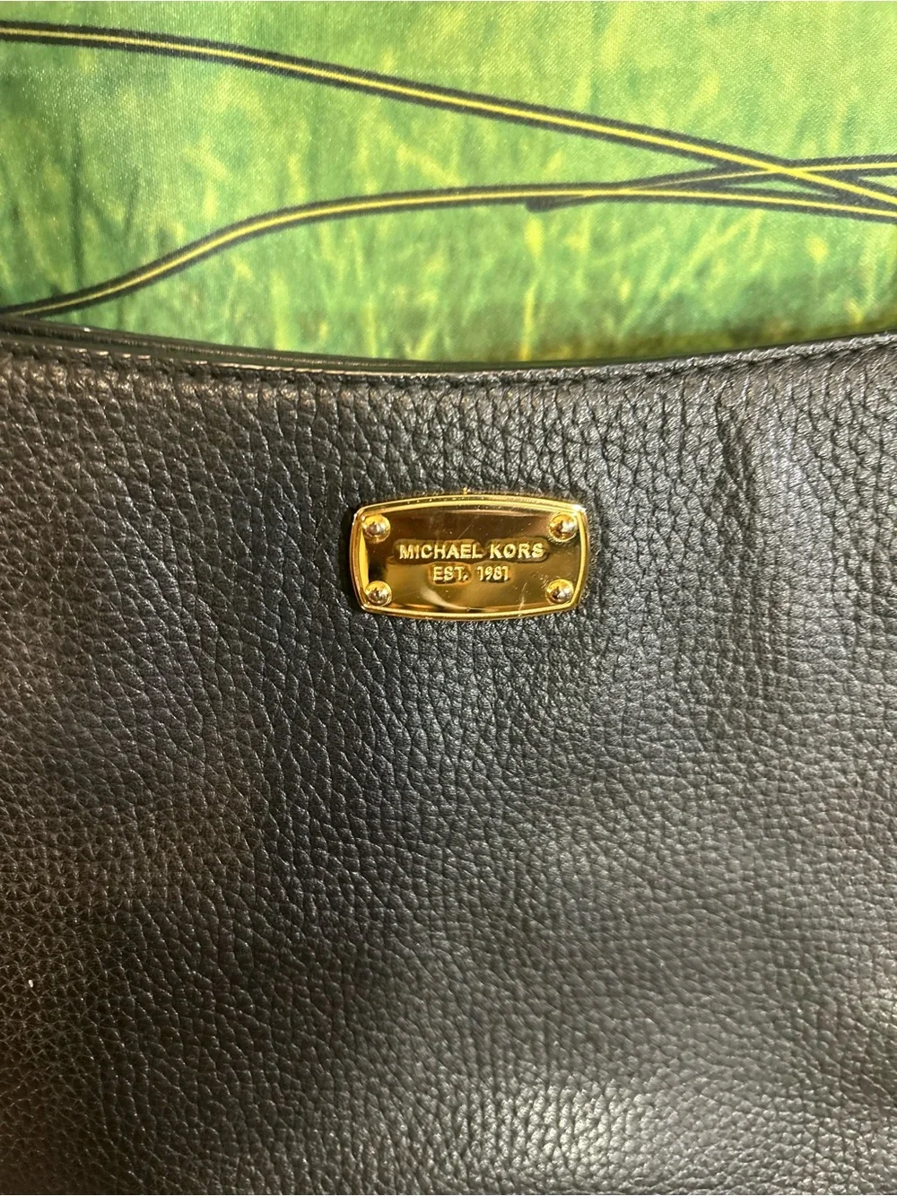 Michael Kors Black Leather Pebbled Tote with Gold Logo Plaque ~ EC